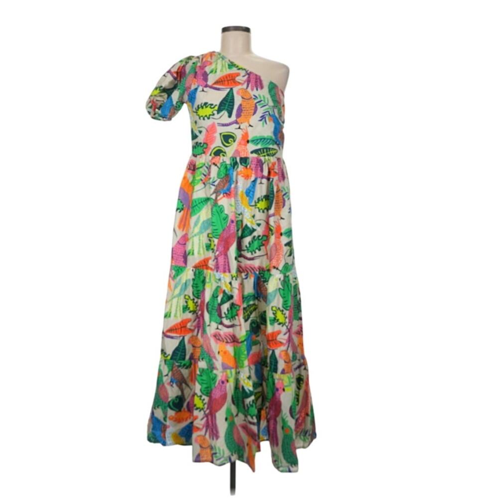 Oliphant Size Medium Vacation Green Colorful Flowy Luxury Tropical Midi Dress - Picture 2 of 6